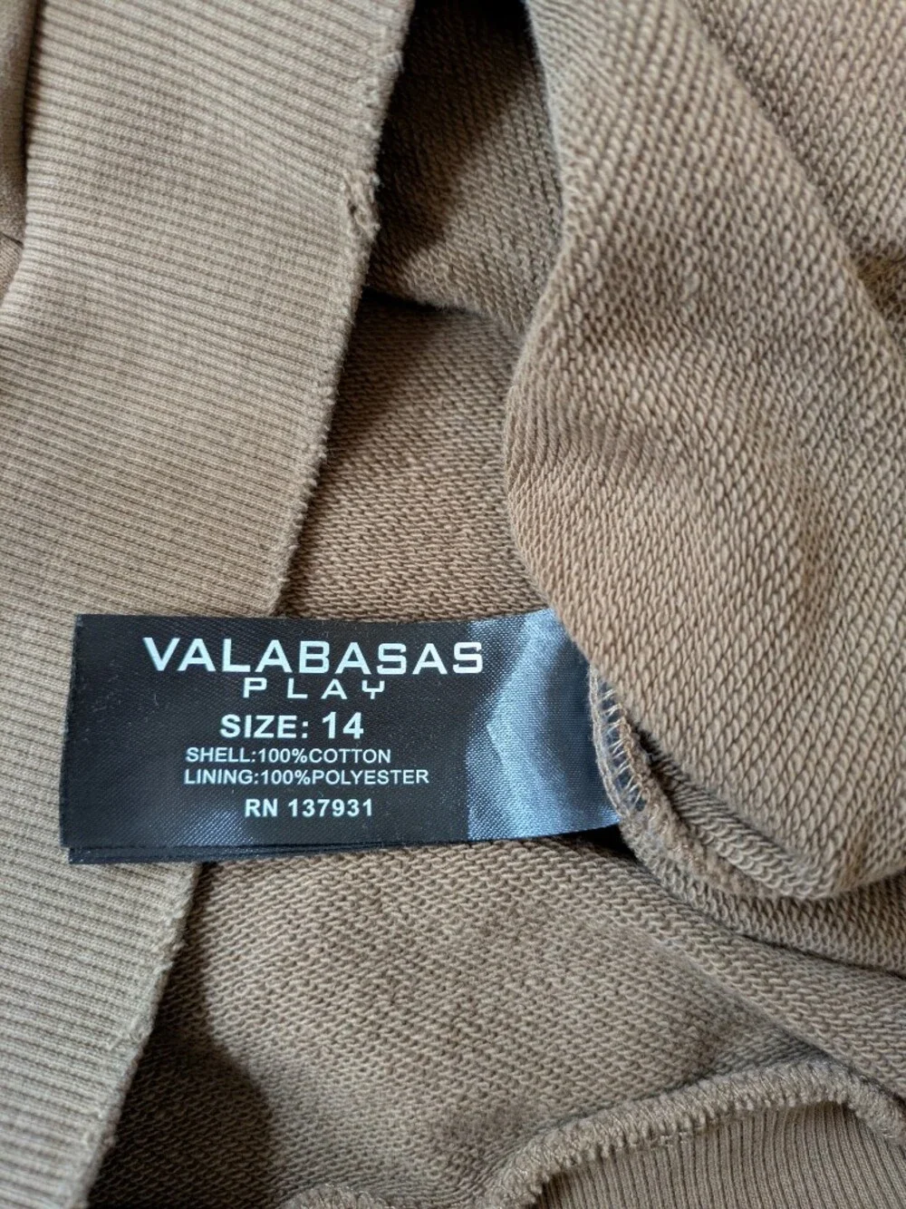 Valabasas Play Hoodie Size 14 Boys Youth Tan Brown Satin Lined Distressed V-Play